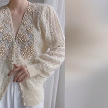 珍珠镶嵌开衫马海毛毛衣外套女春秋季新款软糯慵懒风缕空宽松上衣