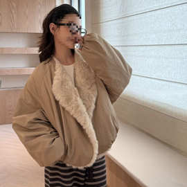 秋冬季双面穿毛毛外套保暖长袖宽松型灯笼袖厚款短外套