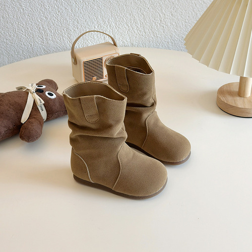 Winter girls' boots, children's shoes, two-layer padded warm felt mid-calf leather boots, stylish and trendy warm boots