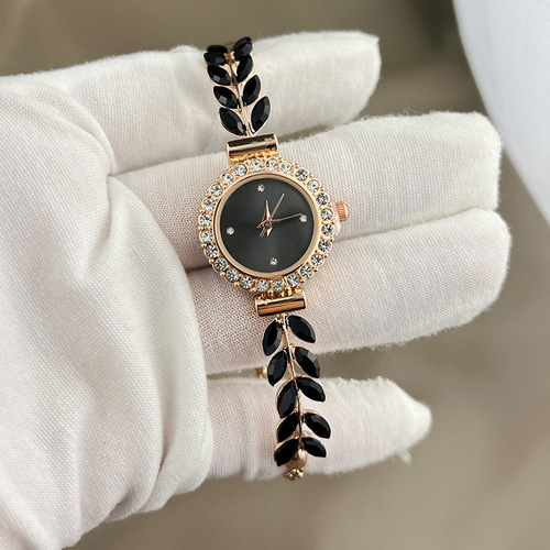 New Fashion Diamond-Embedded Leaf Round Women's Watch with Simple Dial, Adjustable Strap, Cross-Border Exclusive Gift Watch