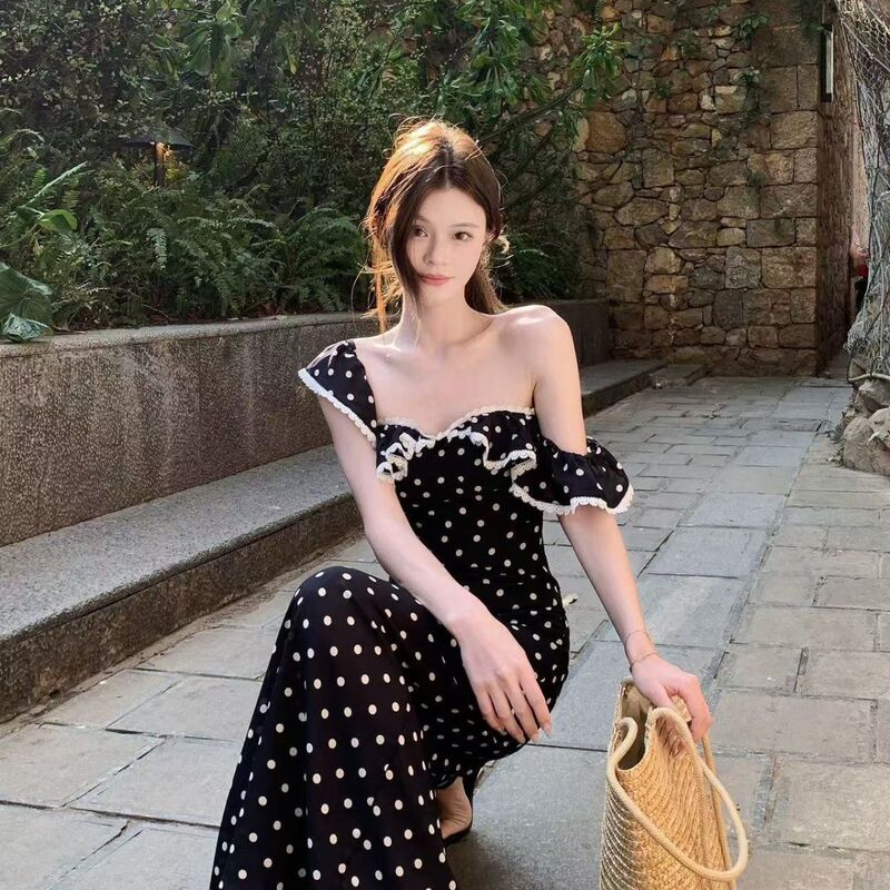 French Style 2025 New Style Waist Slimming Slim Summer Polka Dot Skirt Long Dress Long Skirt