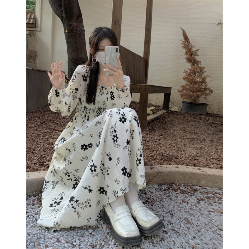 French dry rose floral dress autumn and winter women's clothing 2022 new temperament slim long skirt goddess fan