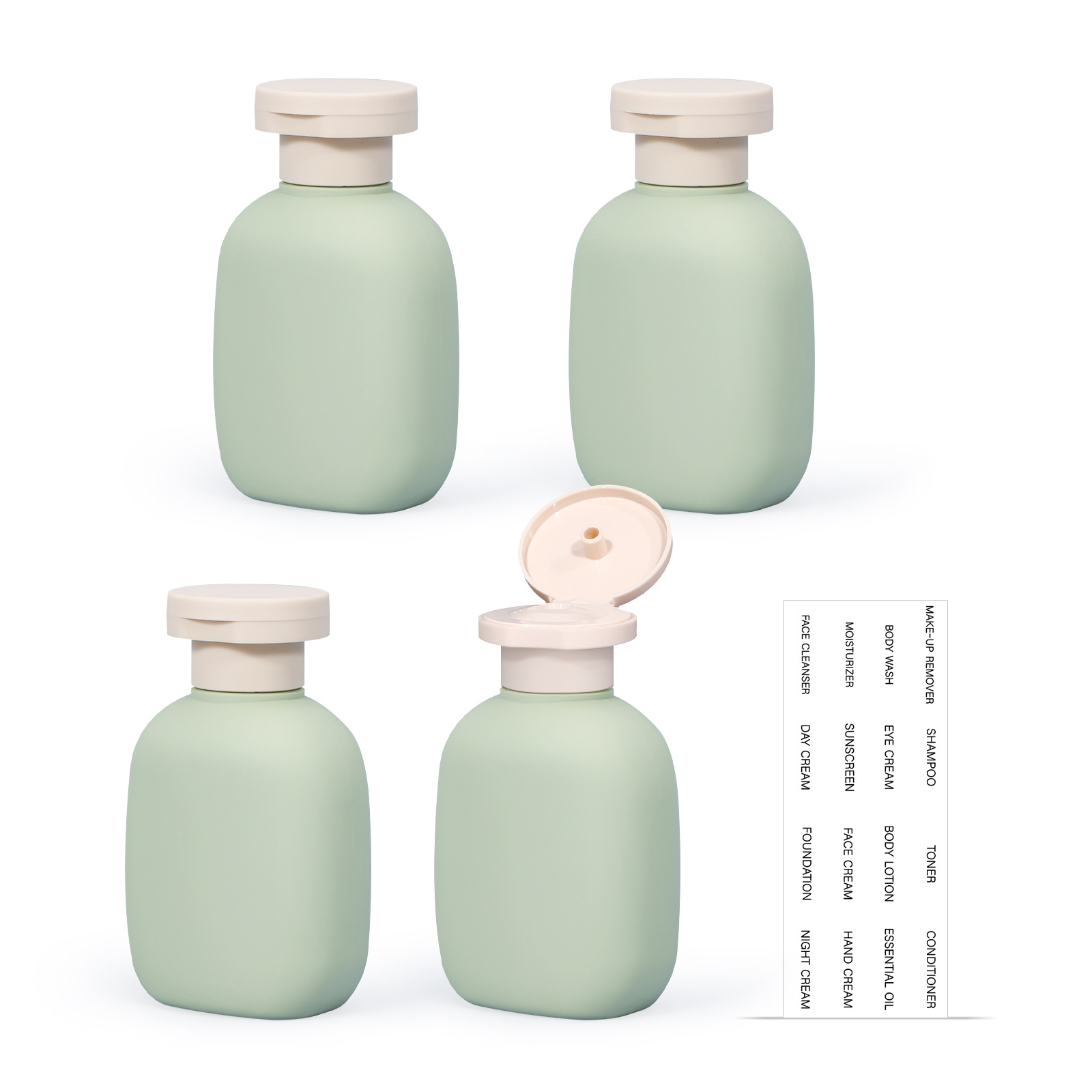 Botella de plástico plana; tapa de flip - 100ml - aguacate * 4 + pegatinas * 1