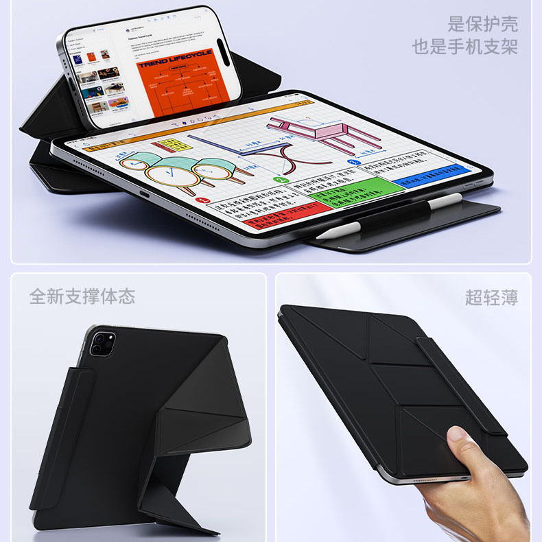 适用ipadair保护套mini磁吸加高壳pro11平板搭扣双面夹air13支架|undefined