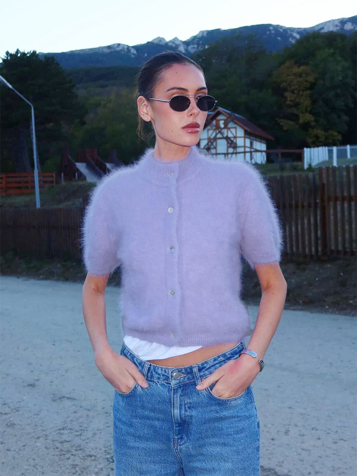 Áo cardigan dệt kim tay ngắn cổ bán cao ôm dáng phong cách retro — Màu hồng, Màu hồng cánh sen, Màu trắng, Màu tím chi tiết 31