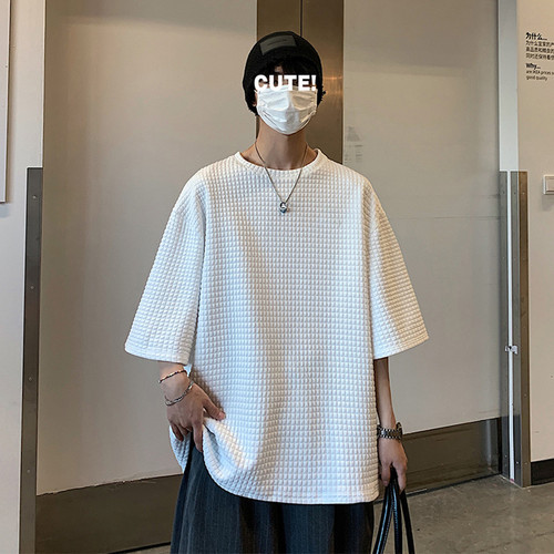 Men's Summer T-shirt, Honeycomb Short Sleeve, Trendy Streetwear, Instagram Style, Harajuku Fashion, Half Sleeve, 5-Finger Sleeve, Hong Kong Style, White T-Shirt