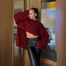 欧美跨境亚马逊女装新款不规则露背毛衣女秋冬个性独特针织上衣女