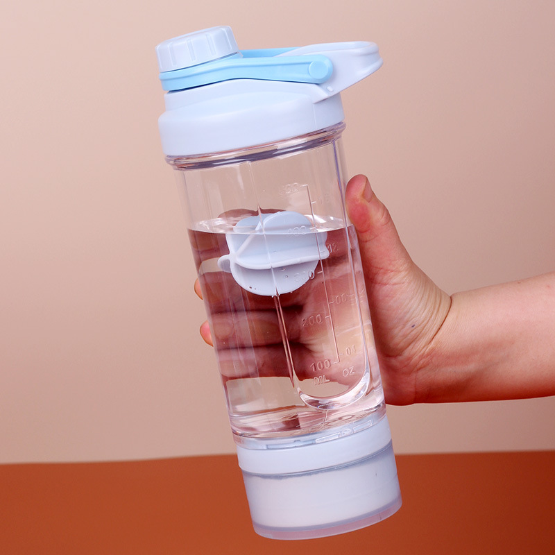 PS taza de batido de plástico proteína en polvo deportes fitness batido de leche taza 500ml mango con caja de polvo caja de medicina taza de batido