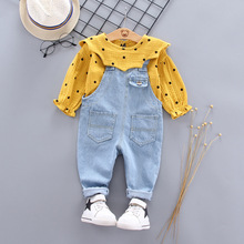 外贸儿童春装波点长袖上衣童套装婴幼儿女童牛仔背带裤两件套批发