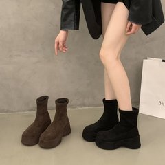 厚底增高短靴女2025秋冬新款复古圆头马丁靴小个子高跟弹力瘦瘦靴