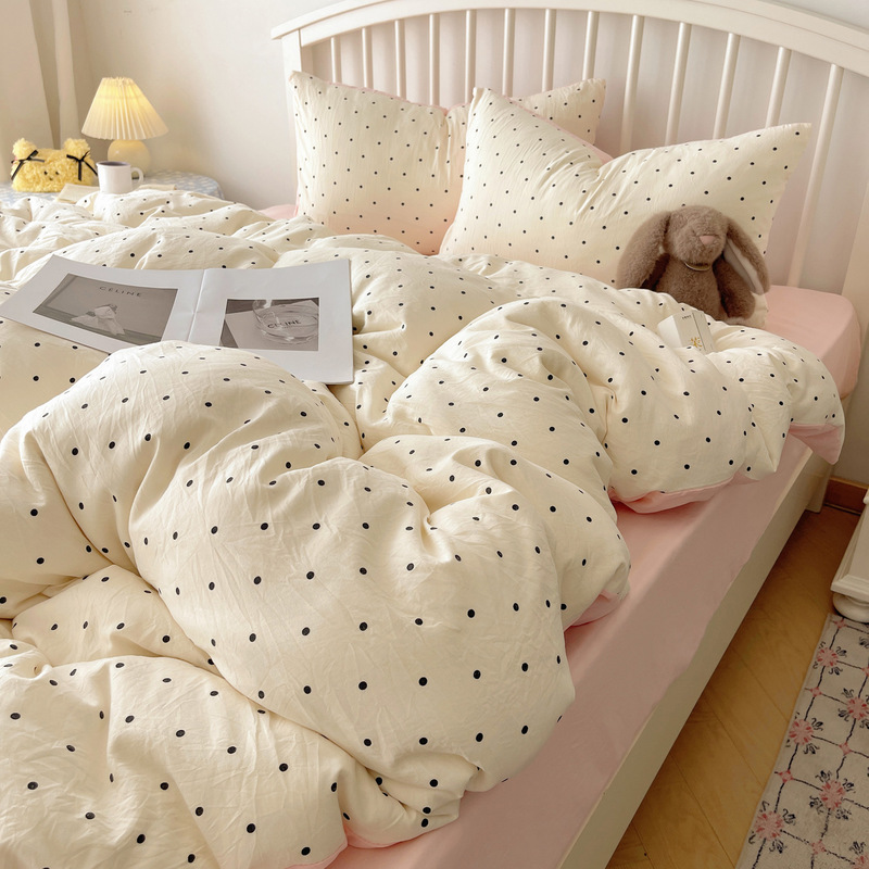 Class a Maternal and Infant Grade Pure Washed Cotton Four-Piece Set, Ins-Style Fresh Bed Sheet and Duvet Cover, Student Dormitory Three-Piece Fitted Sheet Set