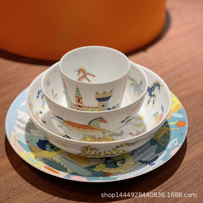 Cross-border cartoon tableware glazed rice bowl plate small water Cup children's creative tableware suit unicorn four-piece set