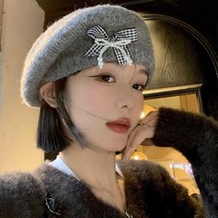 秋冬季帽子女甜美蝴蝶结针织贝雷帽加绒保暖大头围时尚百搭画家帽
