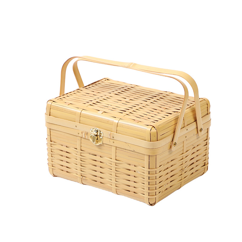 Cesta de comidas al aire libre caja de bento cesta de almacenamiento bambú trenzado camping picnic cesta de mano caja de comidas