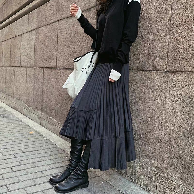 秋季日韩新款高腰百褶裙女中长款黑色不规则大摆鱼尾显瘦半身裙|undefined