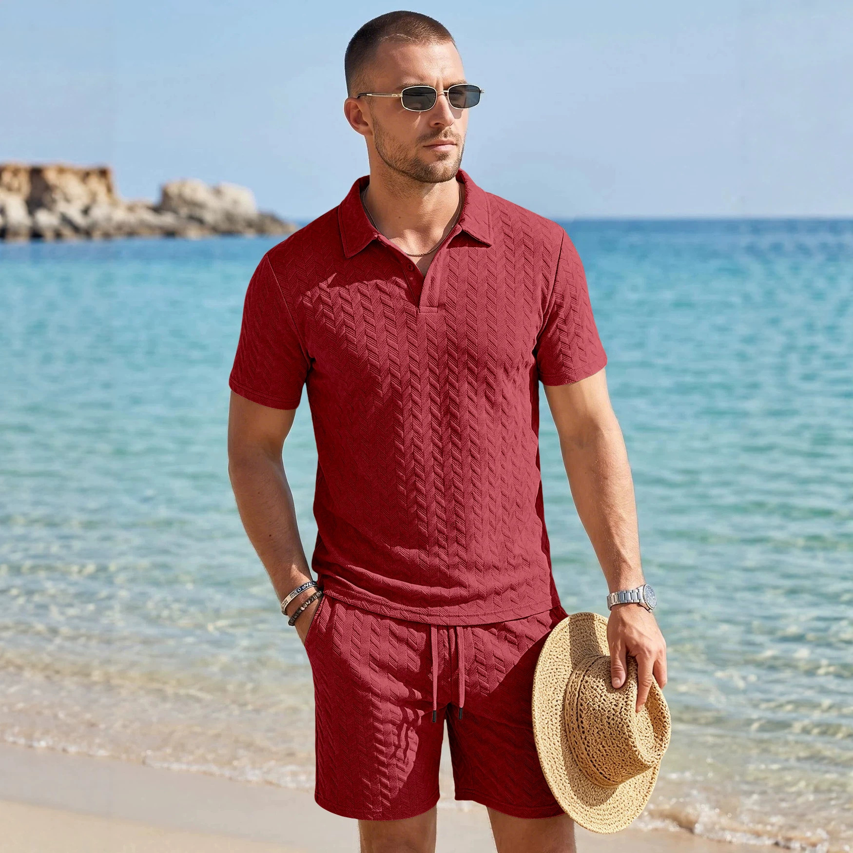Conjunto de Camisa Polo de Jacquard para Hombre, Comercio Exterior Transfronterizo, Cuello Camisero Informal de Manga Corta para Verano, Suministro Directo de Fábrica en Existencia