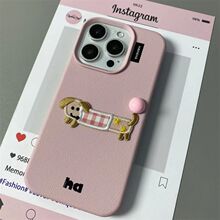 格子腊肠狗白皮套荔枝纹适用iphone14promax苹果13手机壳12防摔