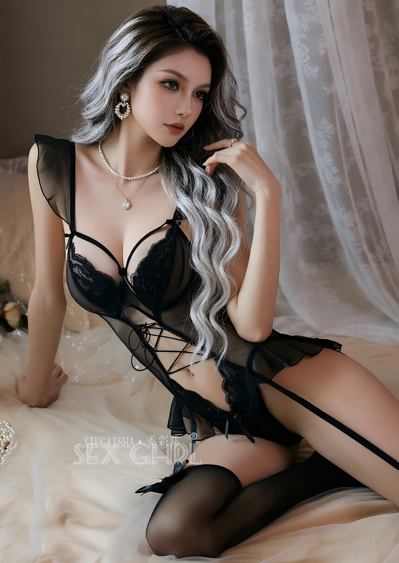 Sheer Mesh Cut-out Bodysuit with Open-crotch Design and Beaded Detail, White One-piece Lingerie Set with Bow Stockings — detail image 13