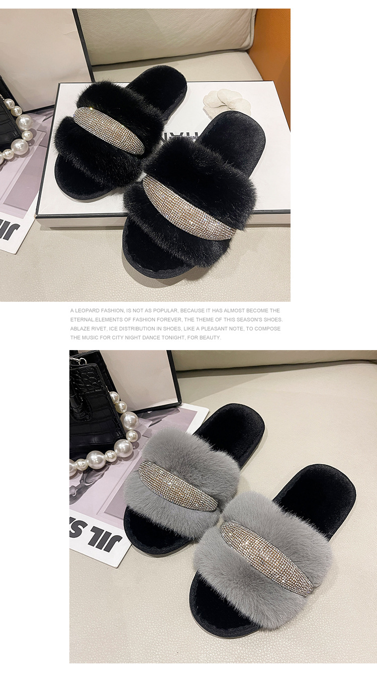 Pantofole piatte in cristallo di nuova pelliccia per il commercio estero con diamanti Moda donna alta e bassa in lana con apertura a una linea in cotone transfrontaliero_voghion.com