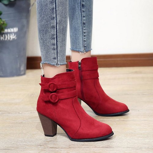 Women's European and American-style suede short boots with side zip, featuring faux short-pile plush material, mid-heel, chunky heel, and rubber pointed toe—perfect for fashion-forward looks.