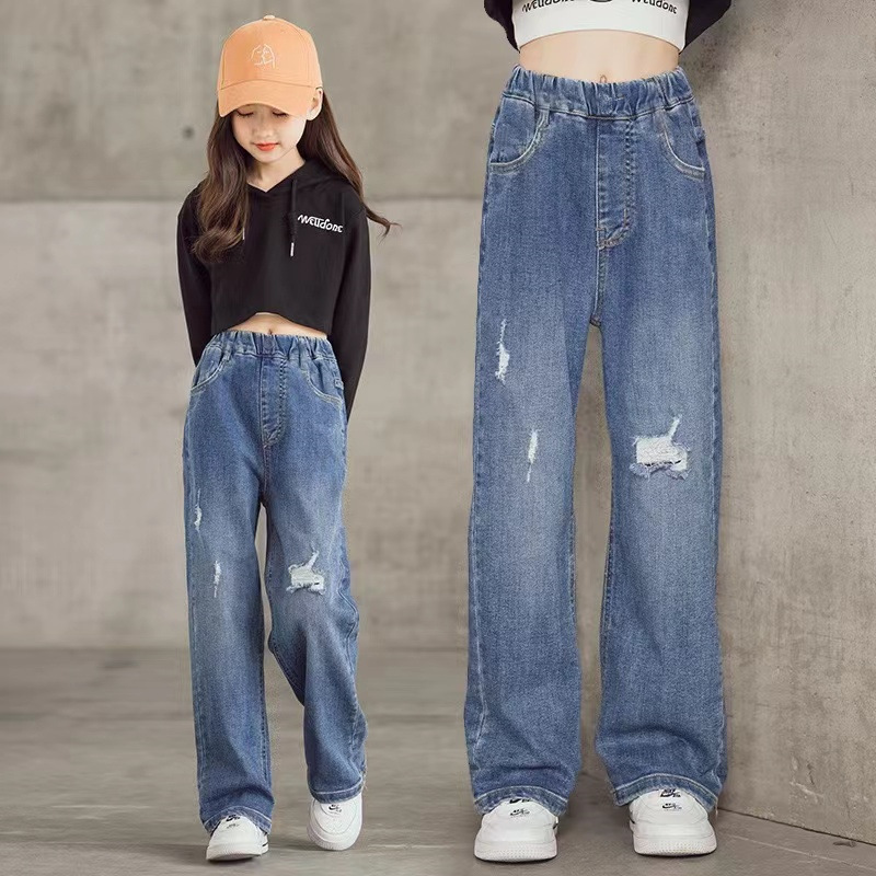 女の子のワークジーンズ春と秋の新しい工場子供服卸売中型および大型子供用ストレートレッグルーズワイドレッグ子供用ズボン|undefined