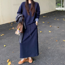 大码圆领卫衣高腰显瘦半身裙两件套女新款一整套时尚遮肉套装裙子