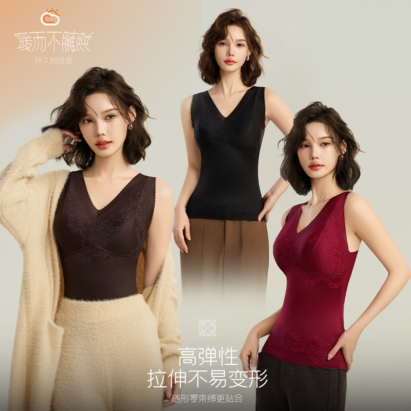 Lace V-neck thermal warm vest, down-filled mulberry silk skin-nourishing slim-fit anti-static seamless vest