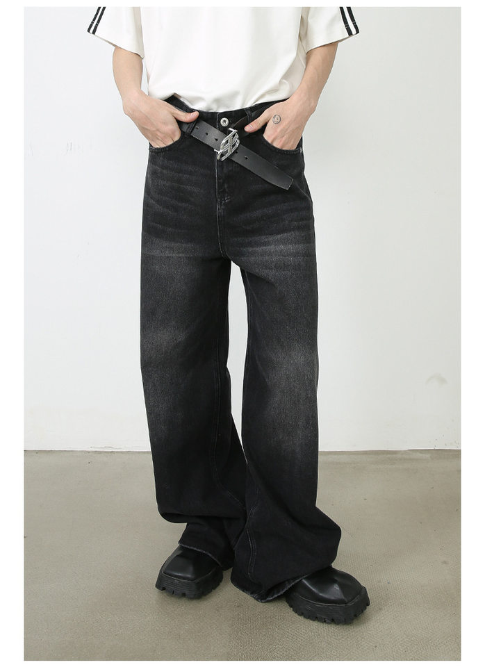 Quần jean nam ống rộng giặt nước phong cách Hàn, cạp vừa lưng thẳng — Denim đen, Màu đen, Ngụy trang màu mơ, Xanh lam cổ điển chi tiết 13