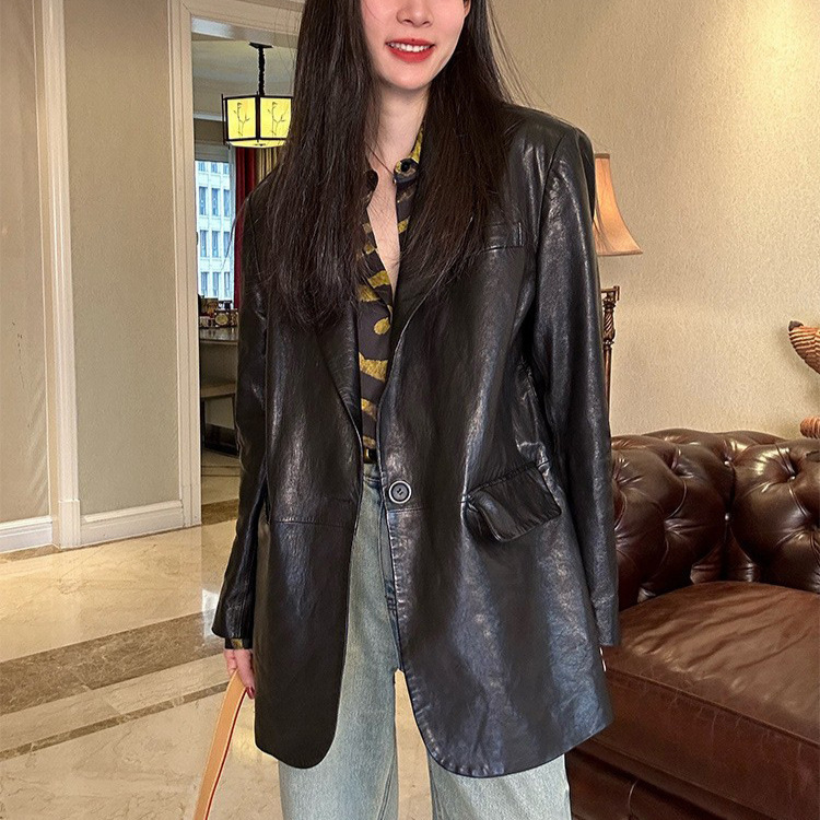 Oil Wax Leather Women's Loose Slim Skin Covering Suit Jacket Genuine Two Button Jacket Fashionable High Goods