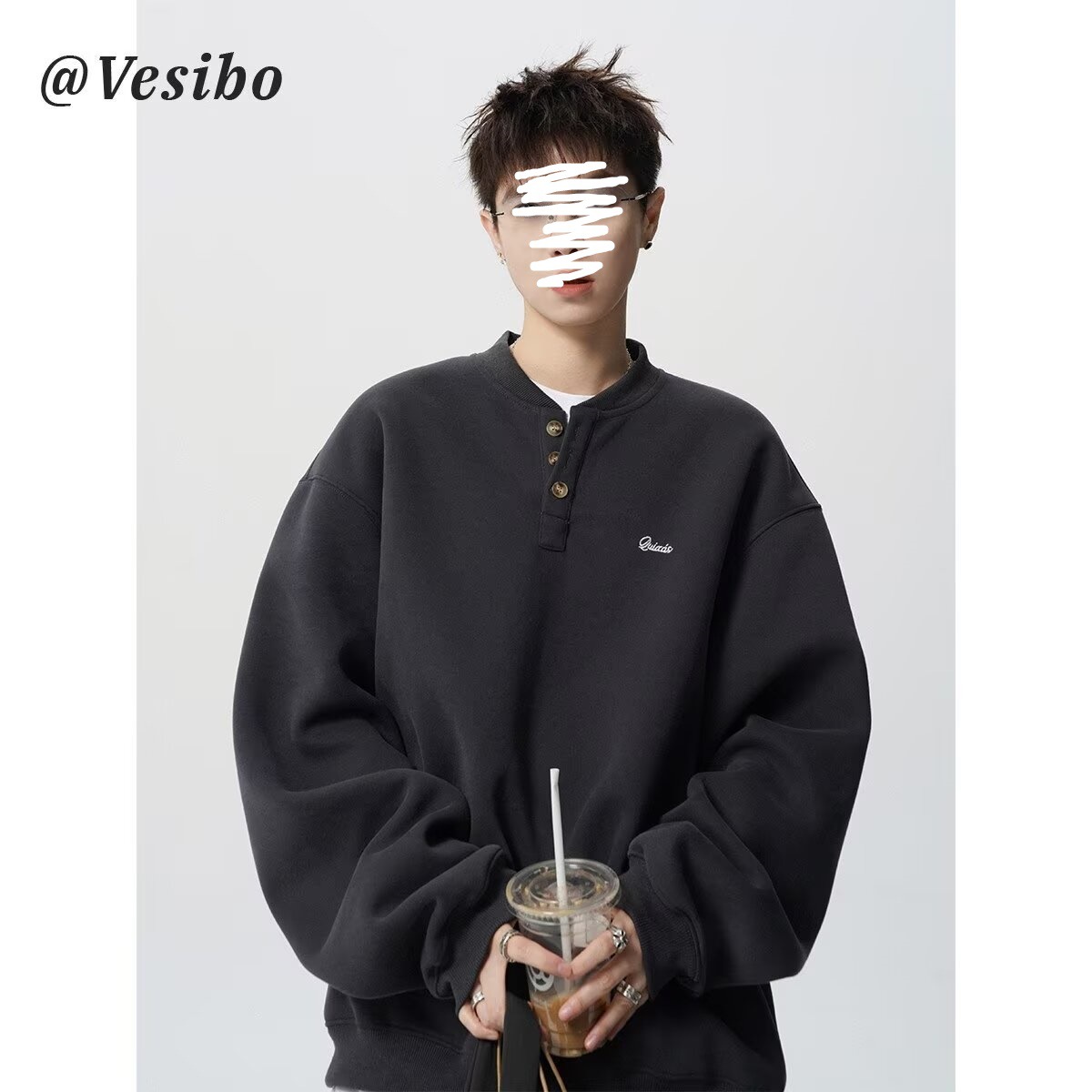 美式刺绣亨利领卫衣男加绒冬季少年感宽松外套复古慵懒情侣上衣衫