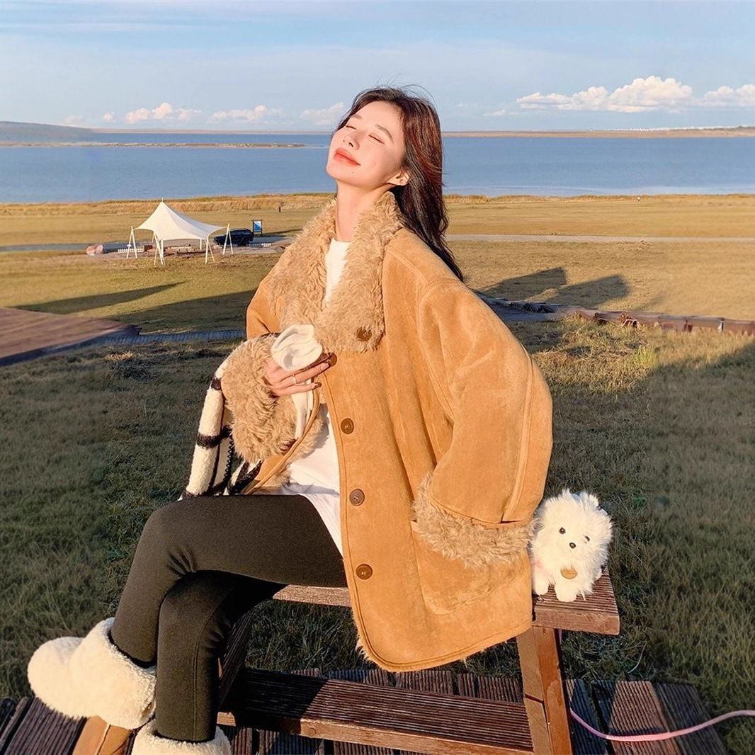 2025 New Winter Reversible Lamb Wool Outwear Women's Mid-Length Fur All-In-One Motorcycle Jacket Thickeneded Warm Outwear