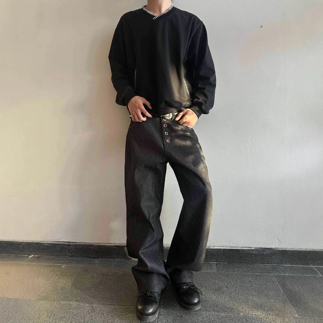 MADEEXTREME 14oz американский ретро-оригинальный цвет вымытый танин свободные широкие ножки прямые джинсы с пятью пряжками