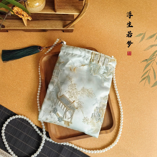 New Chinese Style National Style Pavilion and Pavilion Elements Tang and Song Dynasty Ancient Style Small Square Bag with Chinese Clothing Tassel Bag Crossbody Pearl Bag