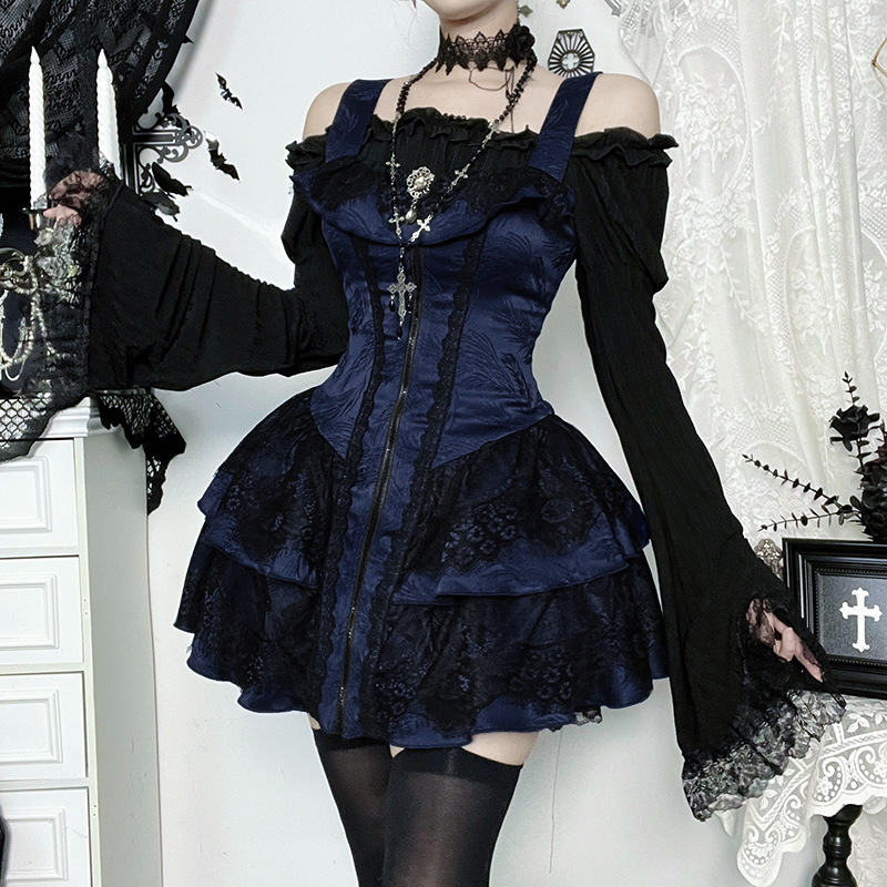 Yl25390 Dark Jacquard Lace Square-Neck Dress 2025 New Gothic Style Lolita Short Skirt Set Yl25390 Dark Jacquard Lace Square-Neck Dress 2025 New Gothic Style Lolita Short Skirt Set