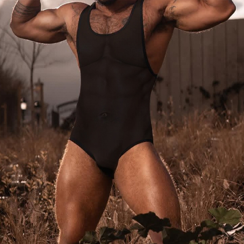 Men's One-Piece Body-Shaping Clothes for Muscular Men, Sexy Transparent Macho Men's Large Elastic Smooth Mesh Intimates Ad7431