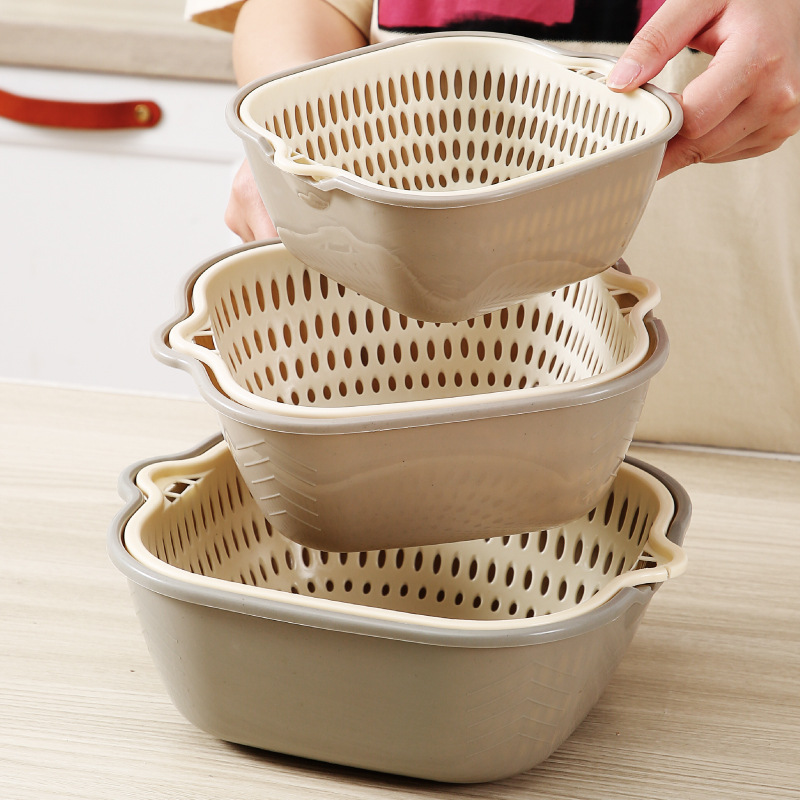 Cocina de dos capas lavabo de verduras, cestas de drenaje de seis piezas, platos de frutas de lavado, sala de estar, cestas cuadradas de lavabo de verduras domésticas