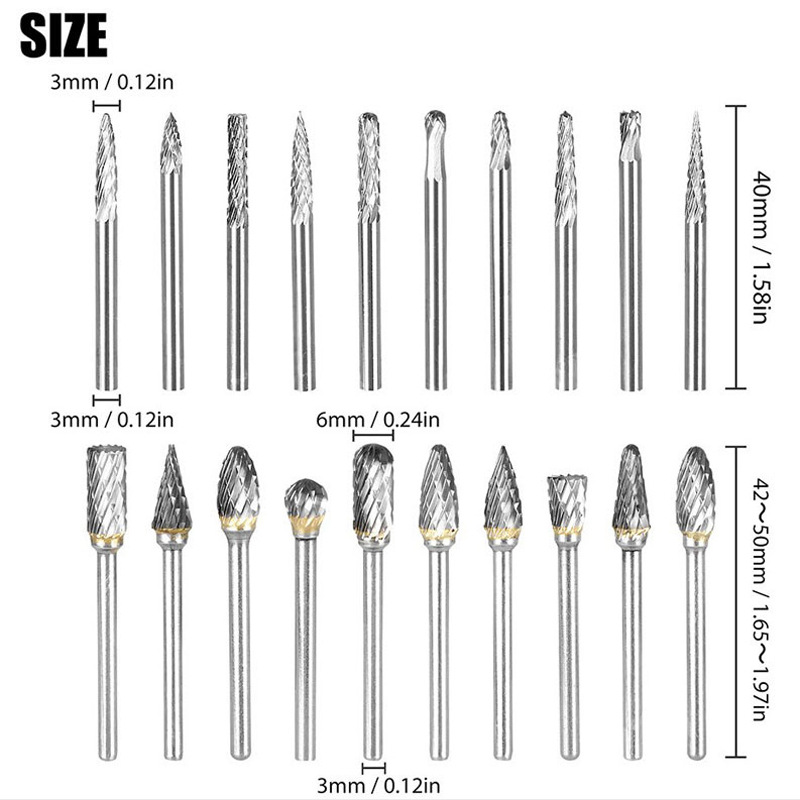 20件套鎢鋼打磨頭3*6套裝硬質合金旋轉銼玉石拋光雕刻滾磨刀3*3mm