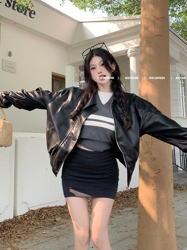 高级美式复古皮衣外套女2025秋季新款宽松显瘦气质夹克机车服上衣|undefined