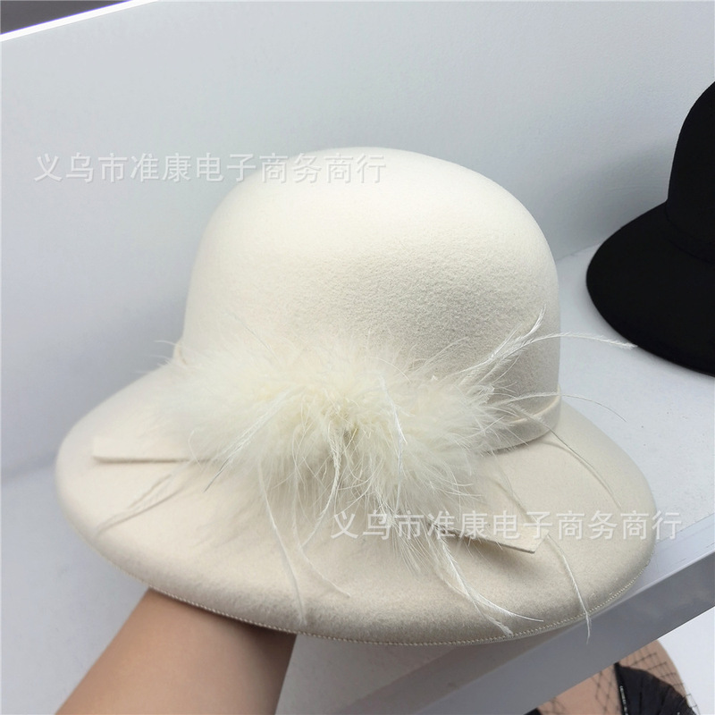 新款赫本风秋冬羊毛呢定型小礼帽女法式复古优雅羽毛装饰时尚帽子|undefined