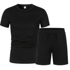 Summer Men's Net Mesh Short Sleeve Set 2-Piece Basketball Top + Athletic Five-Foot Shorts Solid Color Casual Set