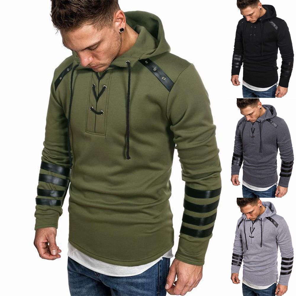 Men's Hooded Sweatshirt Men's Leather Splicing Casual Jacket_voghion.com