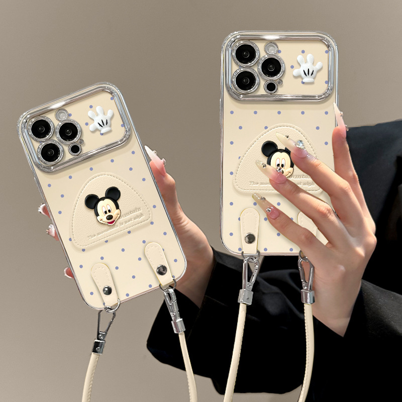 Three-Dimensional Mickey Stand Suitable for Apple 16 Large Window Phone Case 13Promax Electroplating 15 Lanyard 14 Cute 17 Three-Dimensional Mickey Stand Suitable for Apple 16 Large Window Phone Case 13Promax Electroplating 15 Lanyard 14 Cute 17