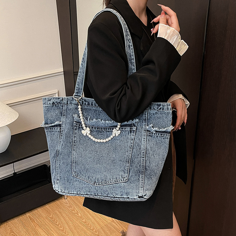 Korean Retro Washed Denim Tote Bag For Women, Large Capacity Casual Shoulder Underarm Bag, Lazy Style Commuter Handbag - Thumbnail 4
