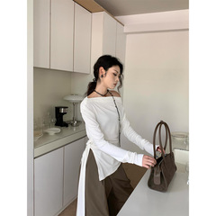 2025秋季小众不对称斜领长袖T恤莫代尔弹力收腰上衣女t恤 85039