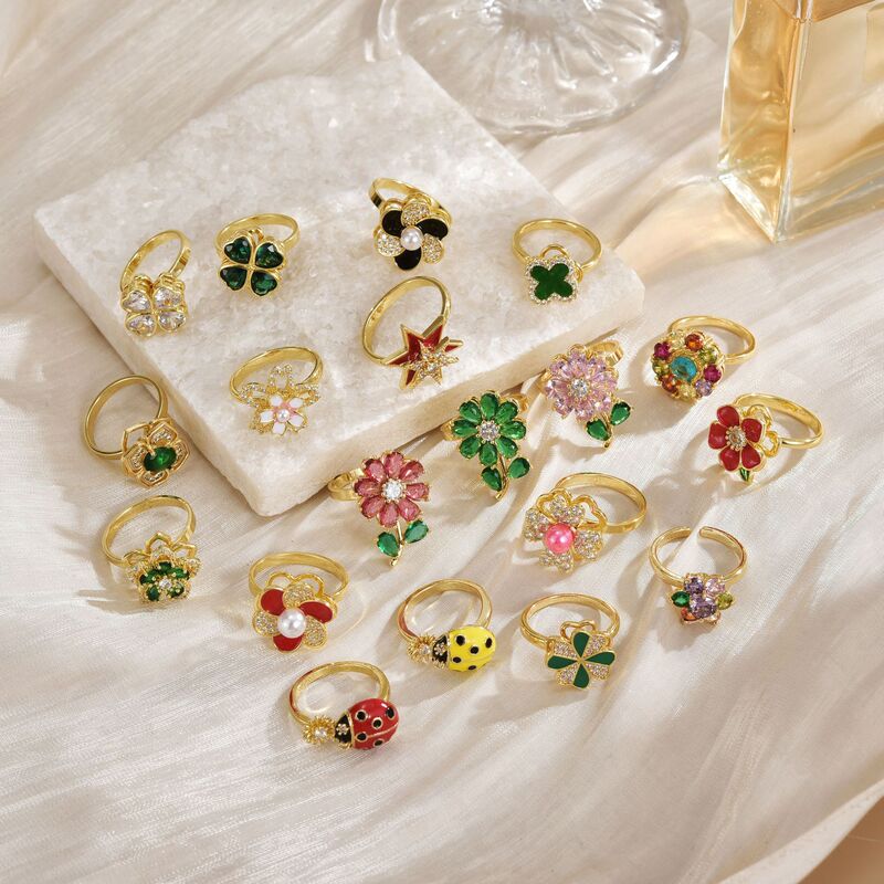 Tiktok Trending Micro-Inlaid Lucky Black Four-Leaf Clover Rotatable Ring Fashion Versatile Cute Adjustable Open Ring