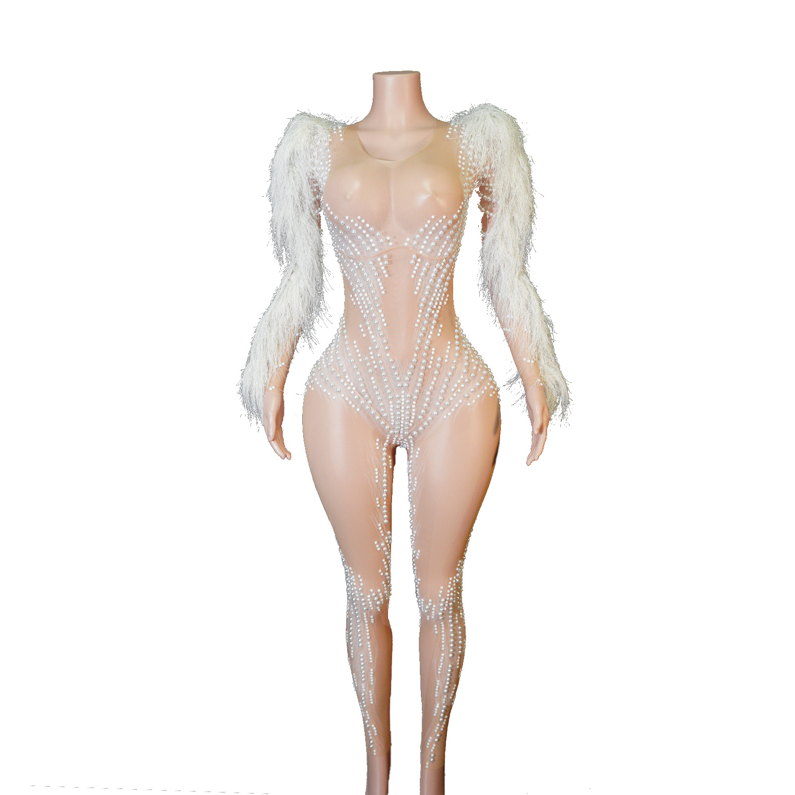 Halloween Sexy Rhinestone Tassel Feather Tight-Fitting Stretch Jumpsuit Stage Performance Nightclub Party Party Bar