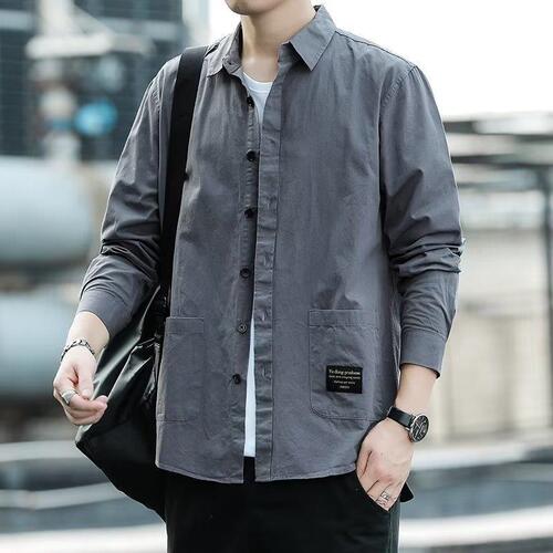 Men's wrinkle-resistant long-sleeve multi-pocket work shirt, men's shirt, loose top, Korean-style versatile fashion