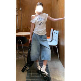 奶油蓝高腰阔腿牛仔短裤女夏季薄款宽松显瘦七分裤直筒百搭中裤潮