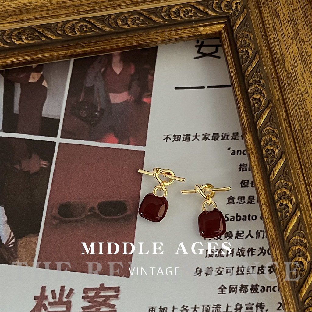 Medieval Camellia Anchor Red Earrings Oil Drop Vintage French