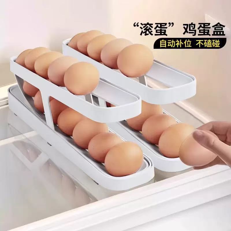 热销款跨境可贴标鸡蛋收纳盒冰箱侧门专用滚动鸡蛋托保鲜架子置物|undefined